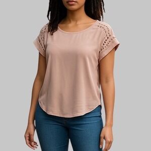 Stella & Dot Blouse Top Laser Cut Short Sleeve‎ Casual Everyday Pink S